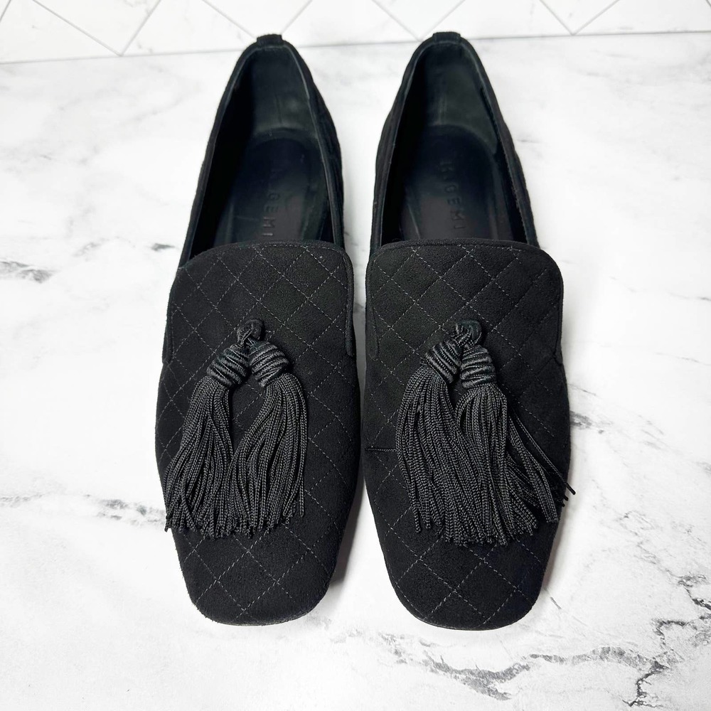 M. Gemi Black Leather Suede Quilted Tassel Square Toe Flat Shoes Size EU 41